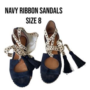 Suede navy espadrille sandals with lace and tassels made in France